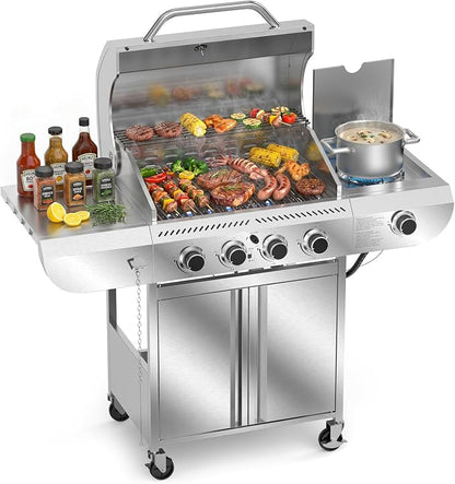 Electactic Stainless Steel 4-Burner Gas Grill with Side Burner – 42000BTU Propane BBQ Grill with Thermometer, Heavy-Duty Grill for Outdoor Patio and Backyard Cooking