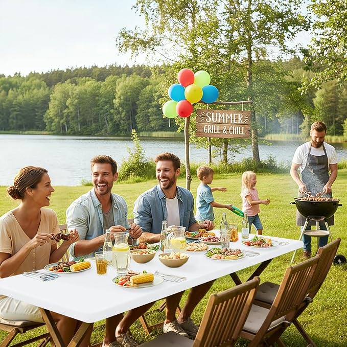 Smiry Rectangle Picnic Table Cloth, Waterproof Elastic Fitted Tablecloths for 6 Foot Tables, Washable Polyester Table Cover for Camping, Indoor and Outdoor (White, 30"x72")