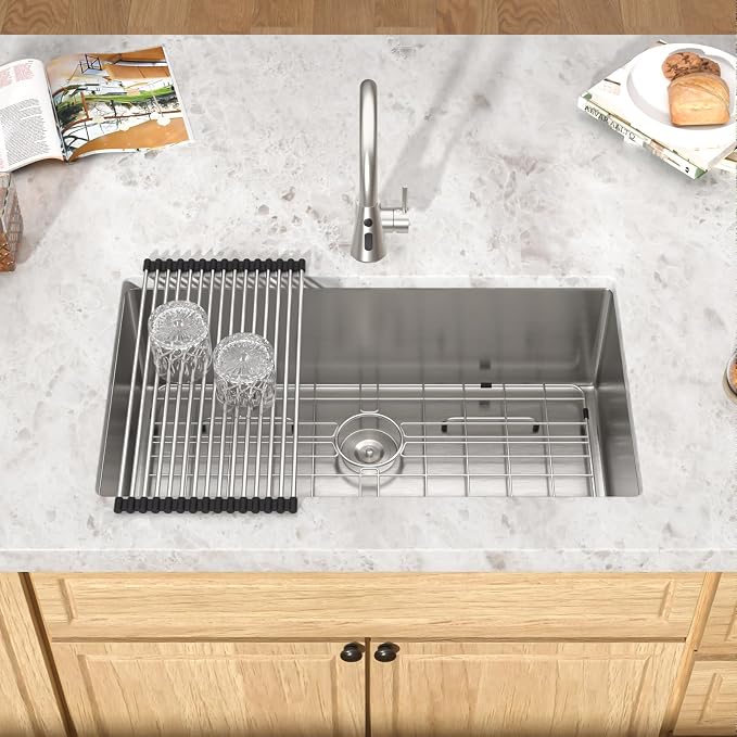 Undermount Kitchen Sink - 33 Inch Undermount 16 Gauge Stainless Steel Kitchen Sink Under Counter Single Bowl Sinks Round Corner, 33"x19"x9" #TLU-0024