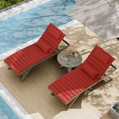 2 Sets of Outdoor Water-Resistant Olefin Chaise Lounge Cushions with Headrest and Pillow, Weather and Fade Resistant Foldable Quilted Lounge Chair Pads with Straps, Red, 73" L x 22" W