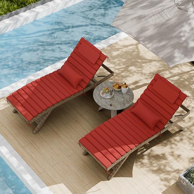 2PCS Outdoor Water-Resistant Olefin Chaise Lounge Cushions with Pillow, Weather and Fade Resistant Foldable Quilted Patio Reclining Lounger Chair Cushions with Straps, Red, 81" L x 27" W