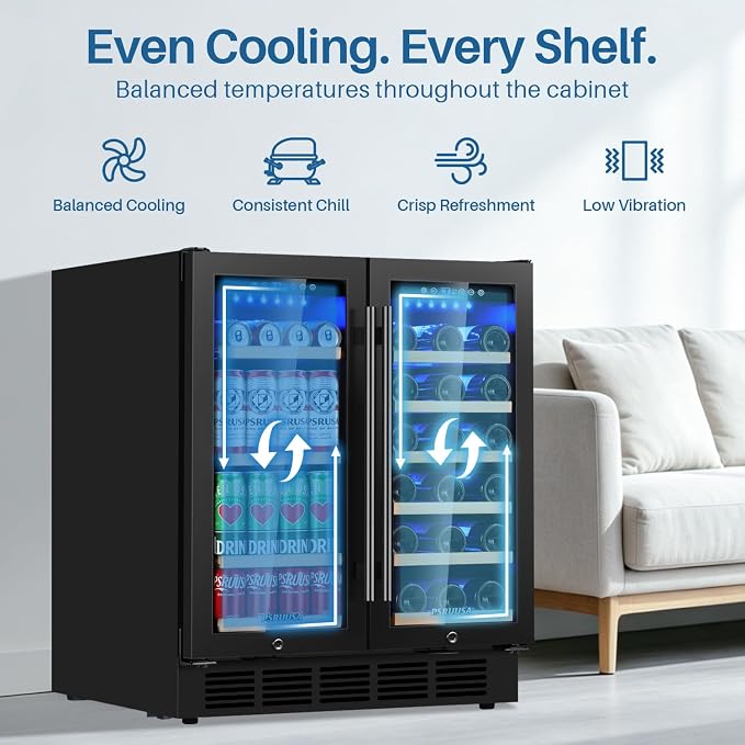30 Inch Wine and Beverage Refrigerator Dual Zone Wine Fridge Beverage Cooler with Glass Door, Holds 110 Cans and 30 Bottles, Seamless Frame Built In or Freestanding for Home Bar, Kitchen