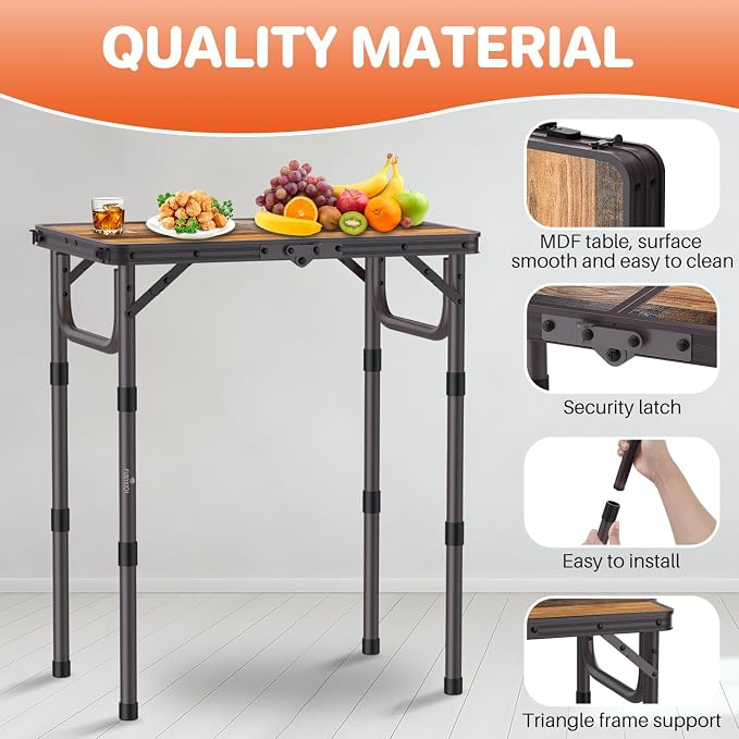FUNYKICH 2ft Folding Camping Table 22.8''x15.7''x27.5'',3 Height Adjustable | Lightweight Aluminum Outdoor Small Tables with Carry Handle for Car Camping, Backpacking, Picnic, BBQ, Brown