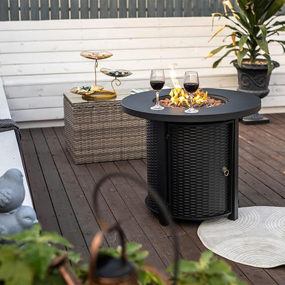 30'' Round Propane Fire Pit Table, 50,000 BTU Steel Gas FirePit for Outdoor, Fire Table with Lid, Add Warmth & Ambience to Gatherings and Parties On Patio Deck Garden Backyard, Black.