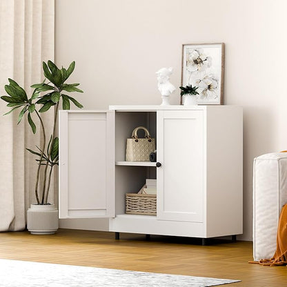 Metal Storage Cabinet with 2 Doors and Adjustable Shelf, Steel Sideboard Buffet Cabinet for Home Office Hallway Entryway Kitchen Living Dining Room (White)