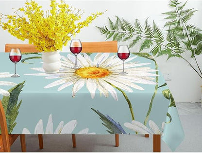Decorative Rectangle Table Cloths Watercolor Floral Daisy White Chamomile Plant Green Tablecloth Table Cover for Dining/BBQ/Picnic/Coffee Table 52 X 70 Inches