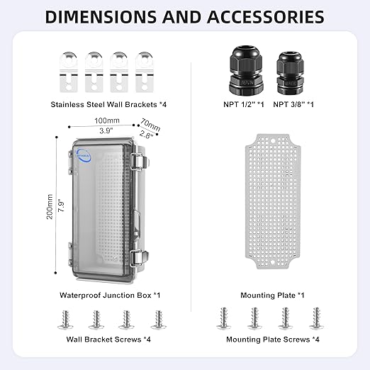 RTHIEAI Waterproof Outdoor IP67 Junction Box (7.9"x3.9"x2.8") with Mounting Plate, Hinged Clear Cover and Wall Brackets - Weatherproof ABS Plastic Electrical Enclosure for DIY Projects (200x100x70mm)