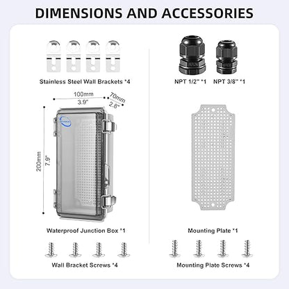 RTHIEAI Waterproof Outdoor IP67 Junction Box (7.9"x3.9"x2.8") with Mounting Plate, Hinged Clear Cover and Wall Brackets - Weatherproof ABS Plastic Electrical Enclosure for DIY Projects (200x100x70mm)