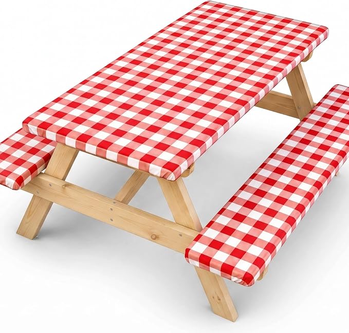 SquarePie Picnic Table Cover with Bench Covers - Waterproof Fitted Elastic Tablecloth for 6 FT Tables - Washable Polyester Camping Table Cloth for Outdoor Patio RV BBQ (Red Checkered, 30"x72")
