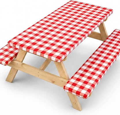 SquarePie Picnic Table Cover with Bench Covers - Waterproof Fitted Elastic Tablecloth for 6 FT Tables - Washable Polyester Camping Table Cloth for Outdoor Patio RV BBQ (Red Checkered, 30"x72")