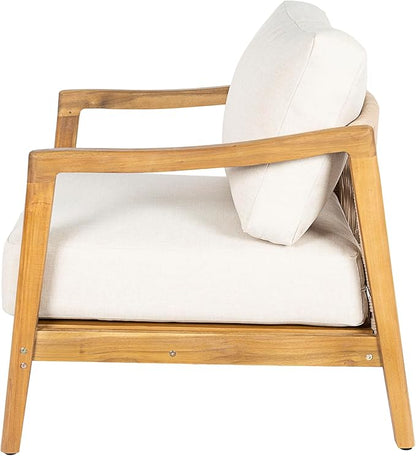 Christopher Knight Home Seward Acacia Wood Lounge Chair Outdoor with Removable Cushion, Solid Wood Patio Accent Chair with Rope Backrest, Patio Outdoor Armchair, Teak+Beige