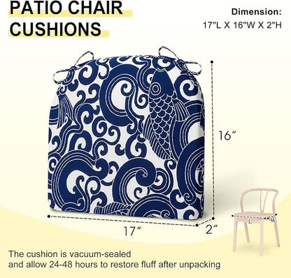 downluxe Outdoor Chair Cushions Set of 6 for Patio Furniture, Water-Resistant Patio Chair Cushions with Ties, High Density Foam Outdoor Seat Cushion, 17" X 16" X 2", Blue Carp