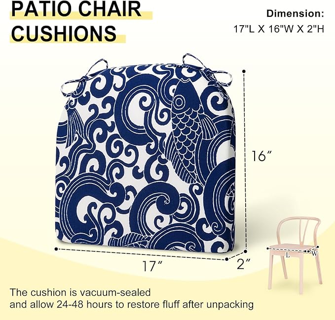 downluxe Outdoor Chair Cushions Set of 4 for Patio Furniture, Water-Resistant Patio Chair Cushions with Ties, High Density Foam Outdoor Seat Cushion, 17" X 16" X 2", Blue Carp
