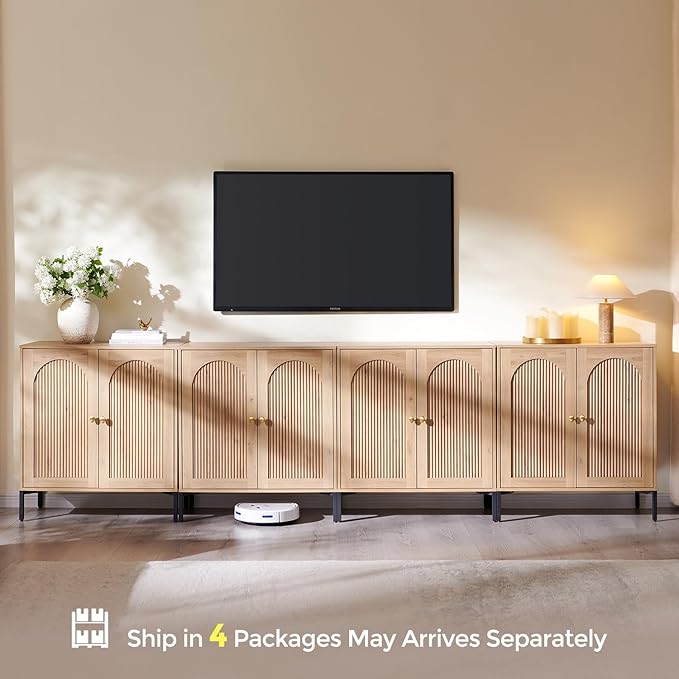 IFBUY Modern Sideboard Buffet Cabinet, 123.5" W Fluted Arched Buffet Cabinet with Storage and Adjustable Shelves, Wooden Modular Coffee Bar Cabinets for Kitchen, Entryway, Natural