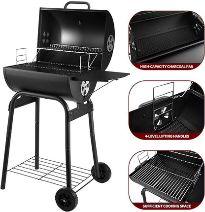 Charcoal Grill Outdoor BBQ Grill, Barrel Charcoal Grills with Side Table, with Nearly 500 Sq.In. Cooking Grid Area, Outdoor Backyard Camping Picnics, Patio and Parties, Black by DNKMOR