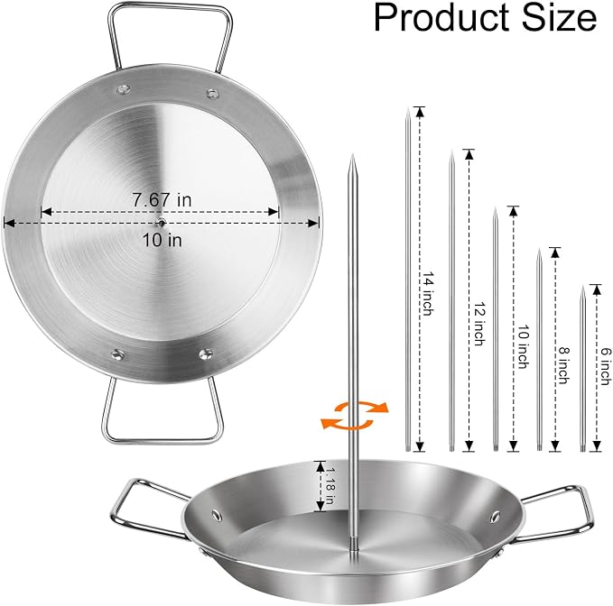 Al Pastor Skewer for Grill, 10 Inch Gyro Pan with Fat Separator | Brazilian Spit Stand with 5 Spikes & 2 Brushes, Stainless Steel Vertical Sticks for Tacos, Shawarma, Chicken on Smoker Oven