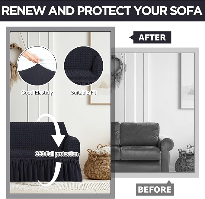 Fanfanwin 3 Pcs Sofa Slipcover Set for Couch Cushion Durable Washable High Elastic Stretchable Furniture Couch Covers with Skirt for Sofa Loveseat Arm Chair(Black,Seersucker)