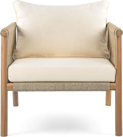 Christopher Knight Home Posey Modern Patio Wooden Club Chair with Rope Woven Armrest&Backrest, Outdoor Lounge Chair with Weather-Resistant Removable Cushions, Deep Seating Accent Chair, Teak+Beige