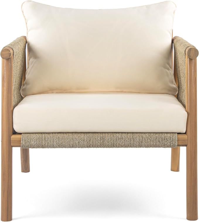 Christopher Knight Home Posey Acacia Wood Lounge Chair Outdoor Set of 2 with Removable Cushion, Solid Wood Patio Accent Chair, Patio Furniture Set Sofa Chair, Teak+Beige