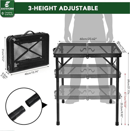 E EASTSTORM Folding Grill Table for Outside, 3 Height Adjustable,Small Camping Table with Black Metal Mesh, Portable Outdoor Table for Picnic BBQ, Garden, Patio, Tailgate & Travel