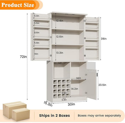 kepptory 72" Tall Kitchen Pantry Storage Cabinet, Freestanding Bar Cabinet with RGB LED Light, White Kitchen Buffet Sideboard with Doors for Dining Room Living Room