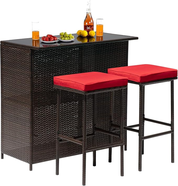 Outdoor Furniture Set Wicker Bistro Set 3PCS Patio Bar Set with Two Stools for Patio Backyard Balcony,Red Cushion