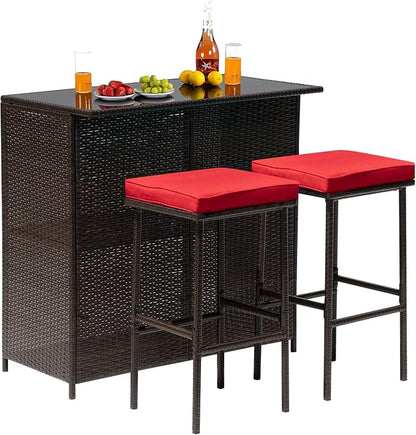 Outdoor Furniture Set Wicker Bistro Set 3PCS Patio Bar Set with Two Stools for Patio Backyard Balcony,Red Cushion