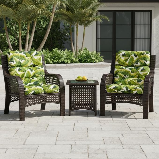 Outdoor Tufted High-Back Chair Cushions, One-Piece Hinged Seat and Back Design, Reversible with 4 Ties, Durable Polyester Fabric, Recycled Fiber Fill - Set of 2, Palm Leaves White
