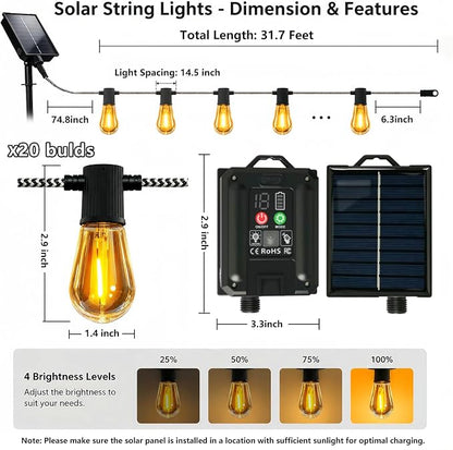 Solar String Lights Outdoor, 31FT Braided Cord, 20 Edison LED Bulbs, Remote | USB Charging, 8 Modes, 4 Brightness Levels, Timer, 15-20H Runtime, 2200K Warm Glow, IP44 for Patio, Gazebo, Cafe and Camping