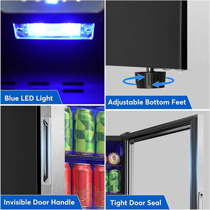 FoMup Beverage Refrigerator 150 Can with Glass Door – Mini Drink Cooler with Reversible Door, Safety Lock & Temperature Control, Small Fridge for Beer Soda Wine, Compact for Dorm Office Hotel