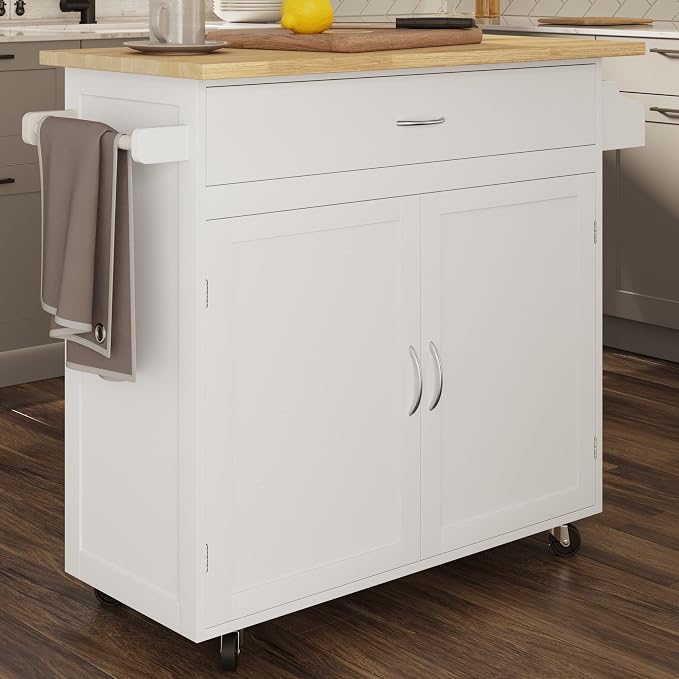 Lavish Home Mobile Kitchen Island with Spice Rack & Storage Cabinet, White | Rolling Cart with Drawers for Coffee Bar, Adjustable Shelves, Towel Rack, Counter Space, Microwave Stand with Storage Shelves