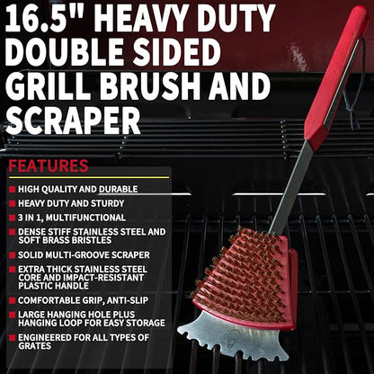 GRILLGEN Dual Sided Grill Brush and Scraper - 16.5" Heavy Duty 117-Hole Planted BBQ Cleaner with Brass & Stainless Steel Bristles - Safe for All Grates: Porcelain, Cast Iron and Steel