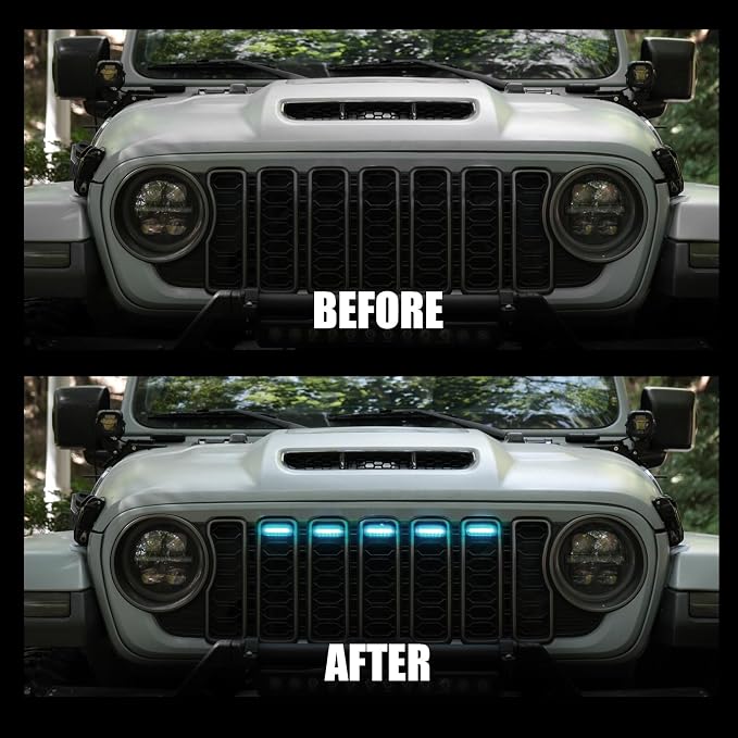 RGB LED Grille Lights Compatible with 2024-2025 Jeep Wrangler JL JLU JT,5PCS 16 Color-Changing OEM Grill Lights with APP Control Adjustable Atmosphere,Music Sync,IP68 Waterproof