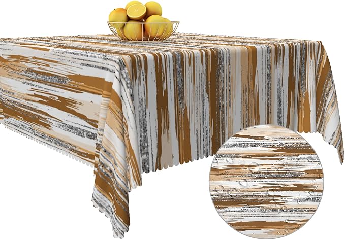 Abstract Striped Square Tablecloth 60x60 Inch Brown and White Old Texture Grunge Stripes Vintage Mosaic Dust-Proof Table Cover Protector for Home Kitchen Restaurant Picnic Camping BBQ