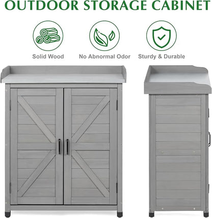 Outdoor Storage Cabinet & Potting Bench Table with Metal Top, Wooden Patio Furniture, Garden Workstation (Classic Grey, 39x31.5x17in)