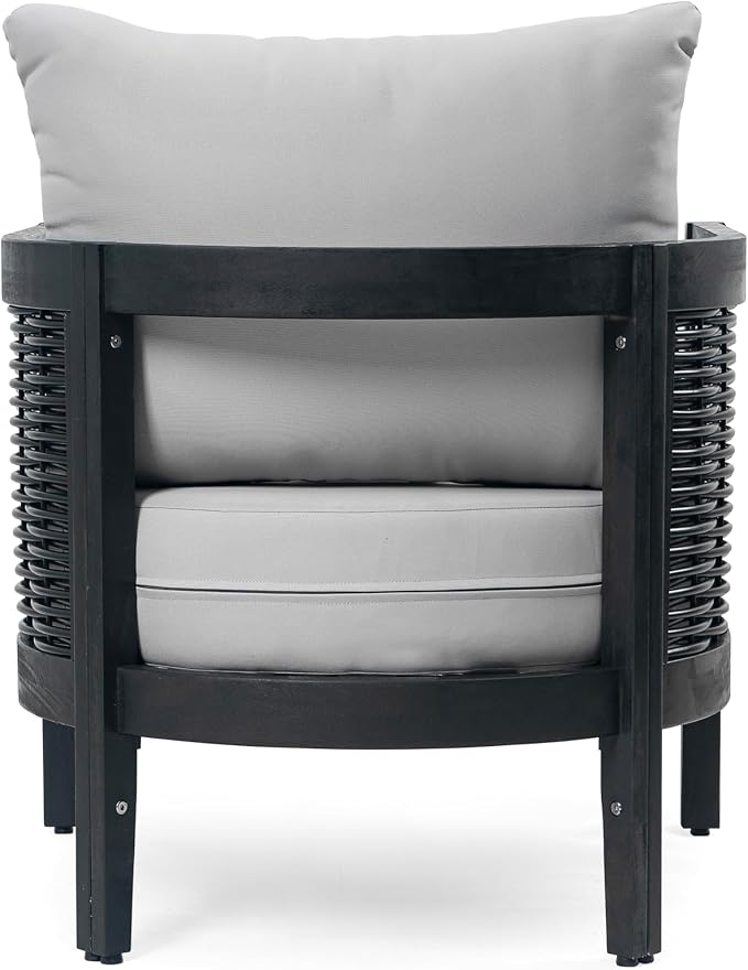 Christopher Knight Home Newine Acacia Wood Patio Accent Chair, Wooden Lounge Chair Outdoor, Wicker Club Chair with Removable Cushion, Comfy Reading Chair for Backyard/Garden/Balcony, Black+Light Grey