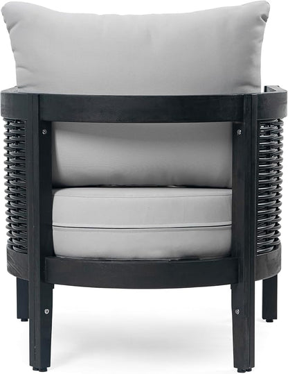 Christopher Knight Home Newine Acacia Wood Patio Accent Chair, Wooden Lounge Chair Outdoor, Wicker Club Chair with Removable Cushion, Comfy Reading Chair for Backyard/Garden/Balcony, Black+Light Grey