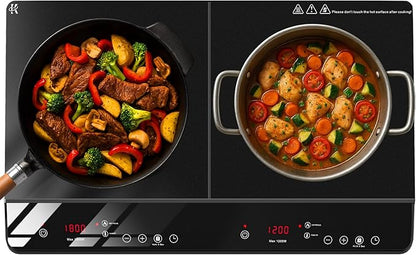 Double Burner Induction Cooktop, 1800W Portable Induction Cooktop 2 Burner with 9 Temp & Power Independent Touch Control, Electric Stove Top Cooker with Safety Lock, 3 Hour Timer