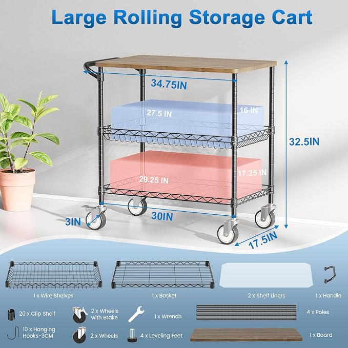 Rolling Kitchen Carts with Wheels, 3-Tier Utility Cart with Wood Tabletop | NSF Commercial Metal Serving Cart with Handle and Shelf Liner for Kitchen Snacks,34"D x 17.5"W x 32.5"H,Black