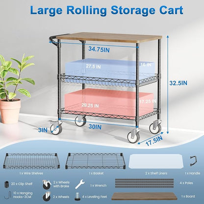 Rolling Kitchen Carts with Wheels, 3-Tier Utility Cart with Wood Tabletop | NSF Commercial Metal Serving Cart with Handle and Shelf Liner for Kitchen Snacks,34"D x 17.5"W x 32.5"H,Black