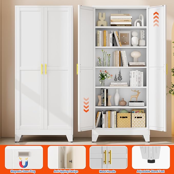 GAIOUS 75''Tall Metal Garage Storage Cabinet,File Cabinet with Door and Adjustable Shelves, Outdoor Steel Tool Cabinet for Home,Office,Warehouse,Garage,White