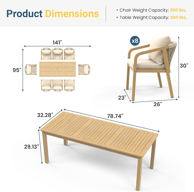 Wisteria Lane 9 Pieces Acacia Wood Outdoor Patio Table and Chairs Set for 8 | Modern Outdoor Dining Set with Umbrella Hole Table, Patio Table Set with Cushion for Backyard Deck Garden Porch