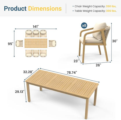 Wisteria Lane 9 Pieces Acacia Wood Outdoor Patio Table and Chairs Set for 8 | Modern Outdoor Dining Set with Umbrella Hole Table, Patio Table Set with Cushion for Backyard Deck Garden Porch