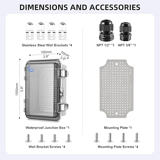 RTHIEAI Waterproof Outdoor IP67 Junction Box (5.9"x3.9"x2.8") with Mounting Plate, Hinged Clear Cover and Wall Brackets - Weatherproof ABS Plastic Electrical Enclosure for DIY Projects (150x100x70mm)