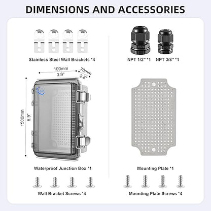 RTHIEAI Waterproof Outdoor IP67 Junction Box (5.9"x3.9"x2.8") with Mounting Plate, Hinged Clear Cover and Wall Brackets - Weatherproof ABS Plastic Electrical Enclosure for DIY Projects (150x100x70mm)