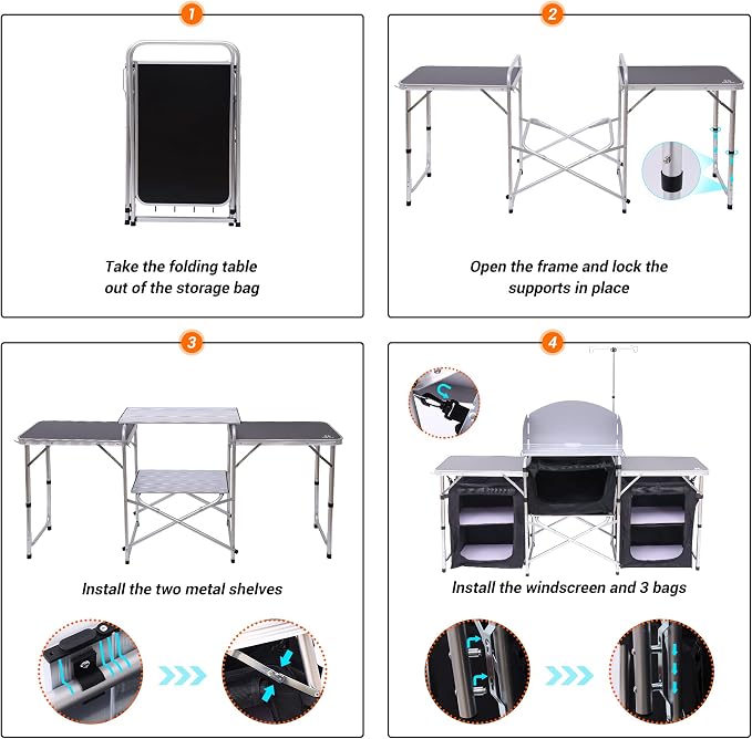 Nice C Camping Kitchen Table, Folding Cook Table, Cook Station (Silver) | Portable Grill Table, Upgraded Light Stand, Windshield, 3 Organizers, Carry Bag, Grill, Outdoor, Beach, BBQ, Picnic, Cooking