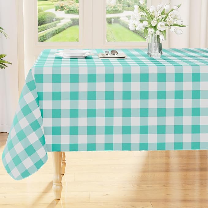 Smiry Picnic Table Cloth, Vinyl Tablecloths with Flannel Backing, 60"x120" | Waterproof Rectangle Table Cloth, Wipeable Buffalo Plaid Table Cover for Indoor and Outdoor (Teal & White)