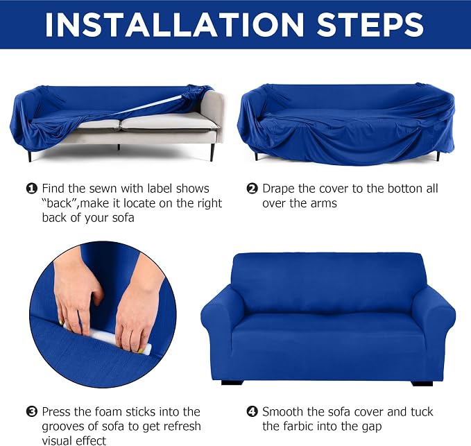 Peryiter 3 Pcs Couch and Loveseat Sofa Covers,Blue,Milk Silk | Armchair Covers for Living Room, Sofa Cushion Slipcover, Furniture Protector, Polyester and Spandex, Washable