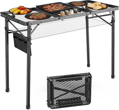 WildFinder Folding Grill Table, 3 Adjustable Height Max 27.5" Camping Table with Mesh Bag, 3x1.3 FT Outside Table for Picnic, Camping, BBQ, Beach, Patio(Black)