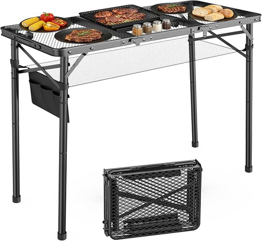 WildFinder Folding Grill Table, 3 Adjustable Height Max 27.5" Camping Table with Mesh Bag, 3x1.3 FT Outside Table for Picnic, Camping, BBQ, Beach, Patio(Black)